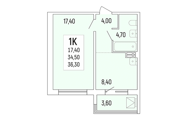 1-комнатная квартира 36,30 м&sup2; в Акация на Лежена. Планировка
