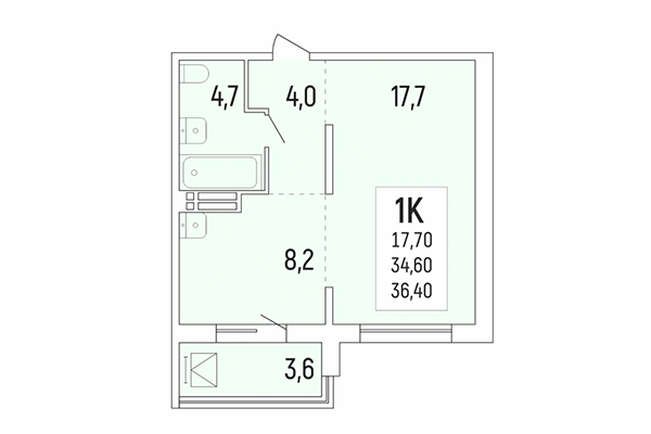 1-комнатная квартира 36,40 м&sup2; в Акация на Лежена. Планировка