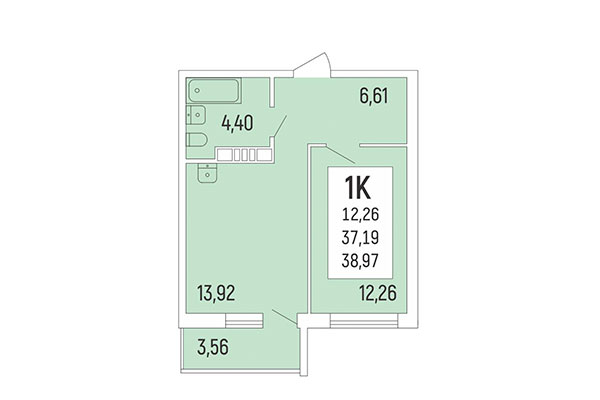 1-комнатная квартира 38,97 м&sup2; в Акация на Ватутина. Планировка