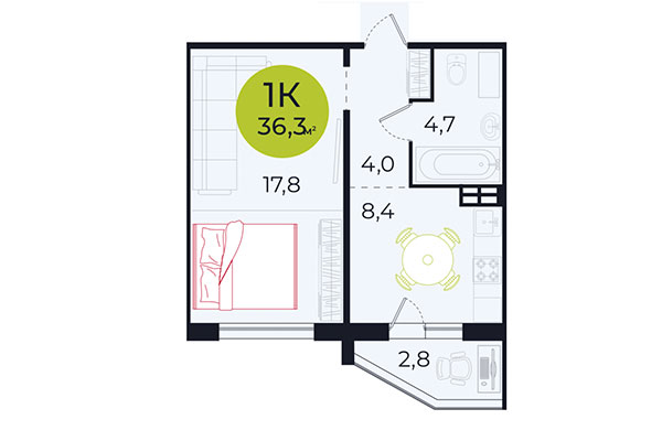 1-комнатная квартира 36,30 м&sup2; в ЖК Весна. Планировка