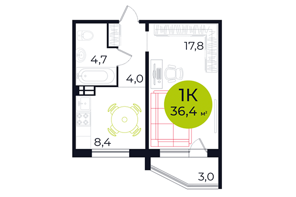 1-комнатная квартира 36,40 м&sup2; в ЖК Весна. Планировка