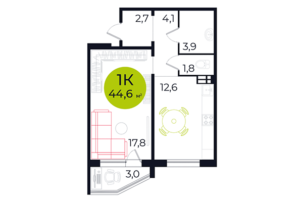 1-комнатная квартира 44,60 м&sup2; в ЖК Весна. Планировка