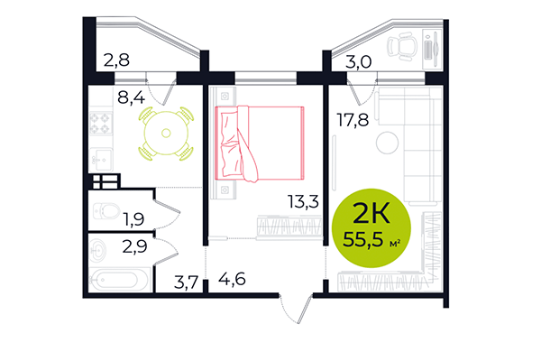 2-комнатная квартира 55,50 м&sup2; в ЖК Весна. Планировка