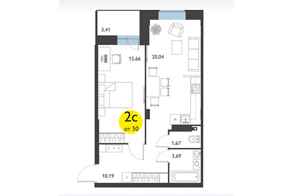 2-комнатная квартира 50,00 м&sup2; в ЖК Ясный берег. Планировка