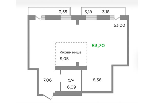 3-комнатная квартира 83,70 м&sup2; в ЖК Ясный берег. Планировка