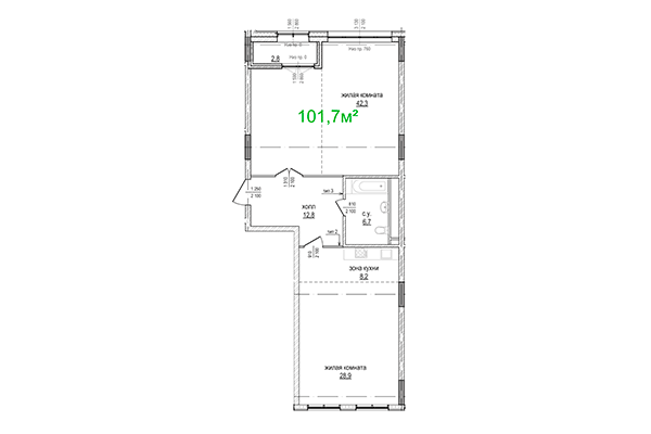3-комнатная квартира 101,70 м&sup2; в ЖК Берлин. Планировка