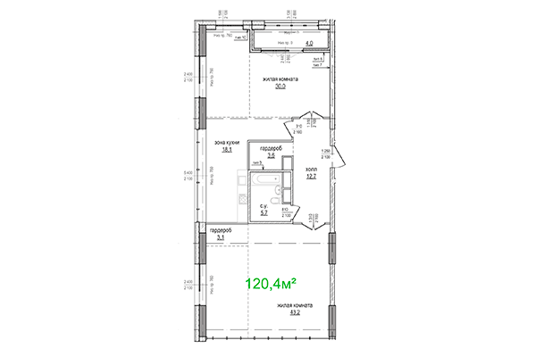 3-комнатная квартира 120,40 м&sup2; в ЖК Берлин. Планировка