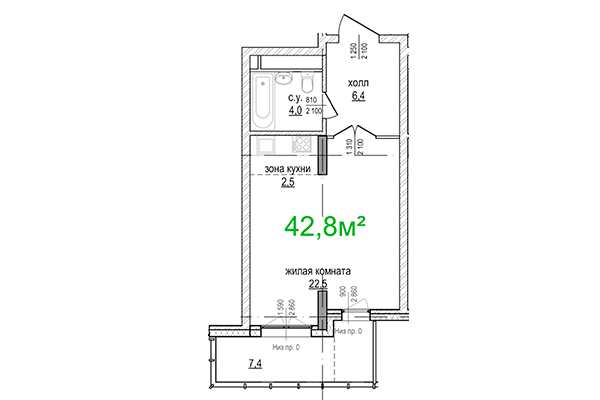1-комнатная квартира 42,80 м&sup2; в ЖК Берлин. Планировка