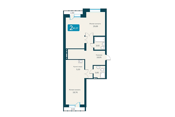 2-комнатная квартира 80,37 м&sup2; в ЖК Марсель 2. Планировка