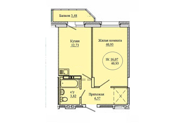 1-комнатная квартира 40,93 м&sup2; в Дом на Костычева. Планировка