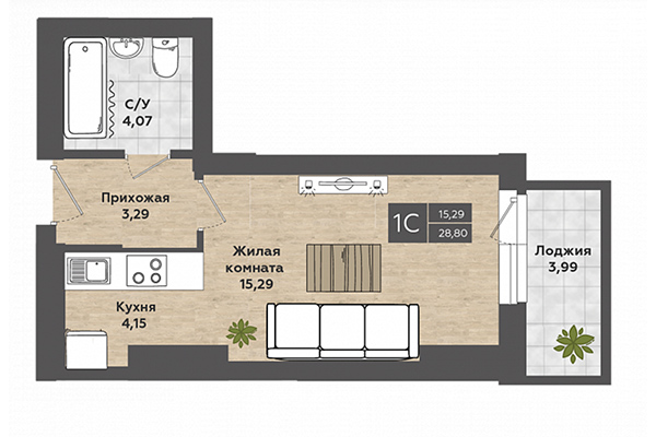 Студия 28,80 м&sup2; в ЖК Сосны. Планировка