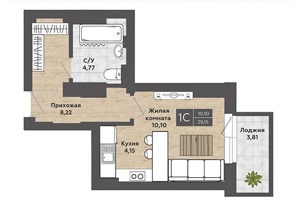 Студия 29,15 м&sup2; в ЖК Сосны. Планировка