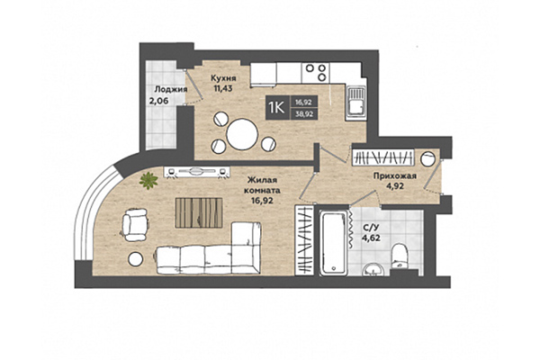 1-комнатная квартира 38,92 м&sup2; в ЖК Сосны. Планировка