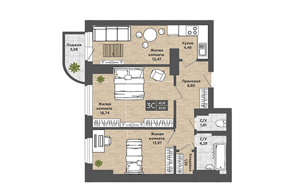 3-комнатная квартира 67,91 м&sup2; в ЖК Сосны. Планировка