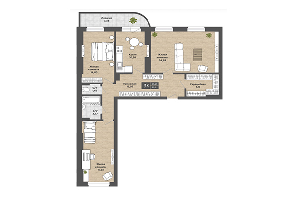 3-комнатная квартира 99,11 м&sup2; в ЖК Сосны. Планировка