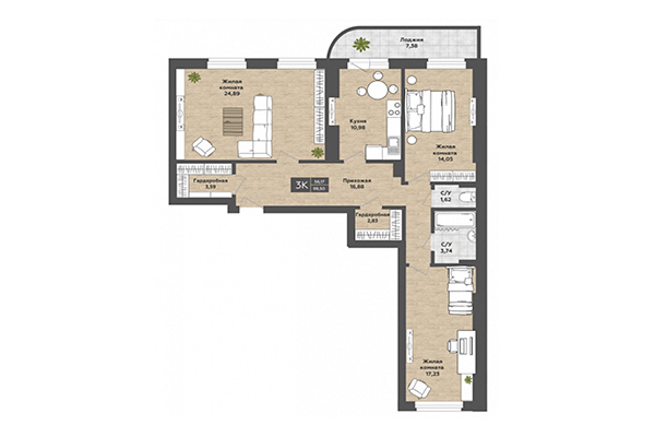 3-комнатная квартира 99,50 м&sup2; в ЖК Сосны. Планировка