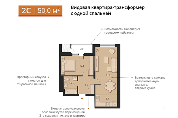 2-комнатная квартира 50,00 м&sup2; в ЖК Беринг. Планировка