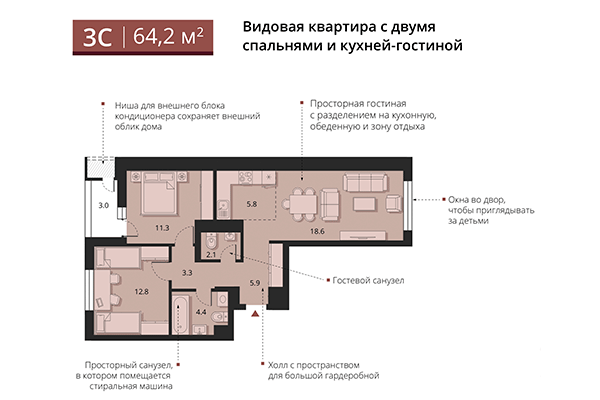 3-комнатная квартира 64,20 м&sup2; в ЖК Беринг. Планировка