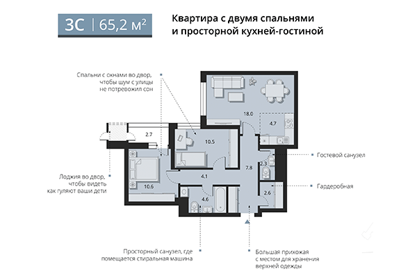 3-комнатная квартира 65,20 м&sup2; в ЖК Беринг. Планировка