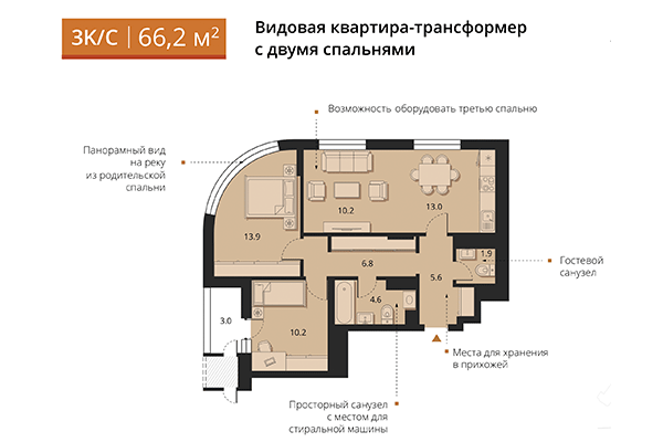 3-комнатная квартира 66,20 м&sup2; в ЖК Беринг. Планировка