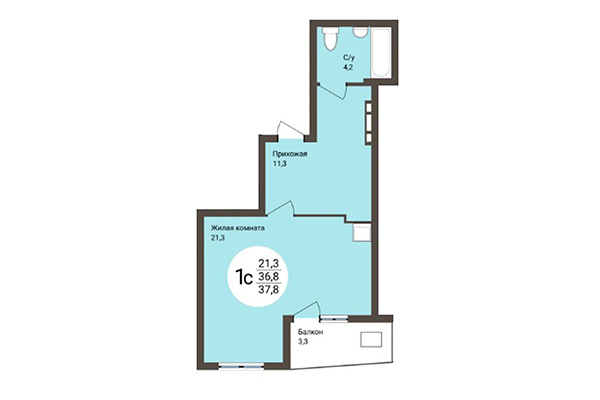 Студия 37,80 м&sup2; в ЖК на Коротаева. Планировка