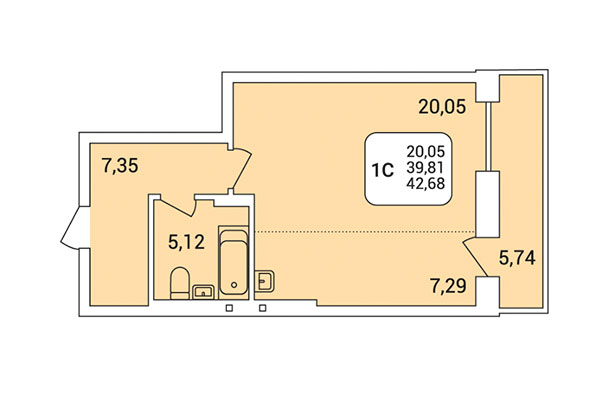 Студия 42,68 м&sup2; в Дом на Федосеева. Планировка