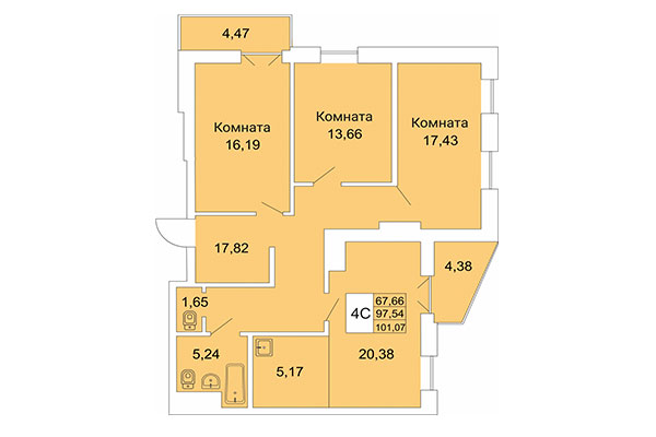 4-комнатная квартира 101,07 м&sup2; в Расцветай на Гоголя. Планировка