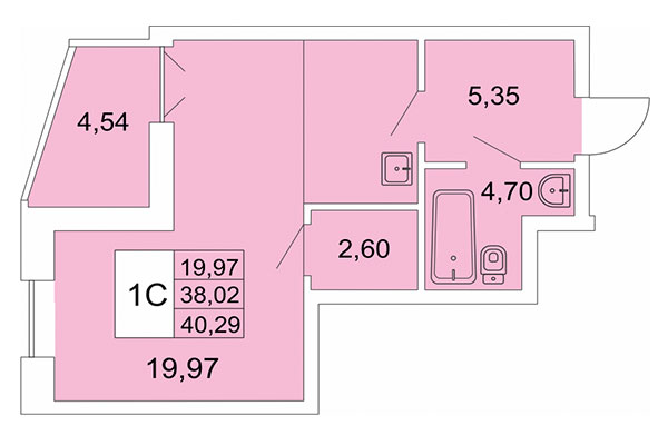 Студия 40,29 м&sup2; в Расцветай на Гоголя. Планировка