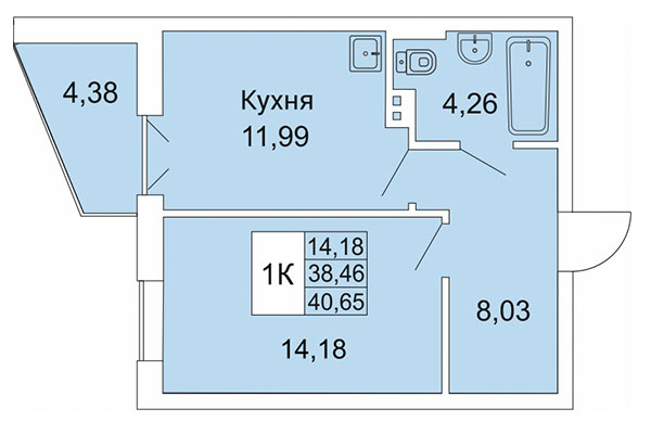 1-комнатная квартира 40,65 м&sup2; в Расцветай на Гоголя. Планировка
