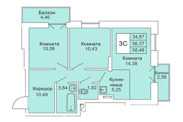 3-комнатная квартира 58,48 м&sup2; в Расцветай на Гоголя. Планировка