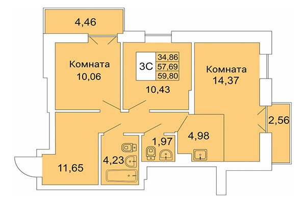 3-комнатная квартира 59,80 м&sup2; в Расцветай на Гоголя. Планировка