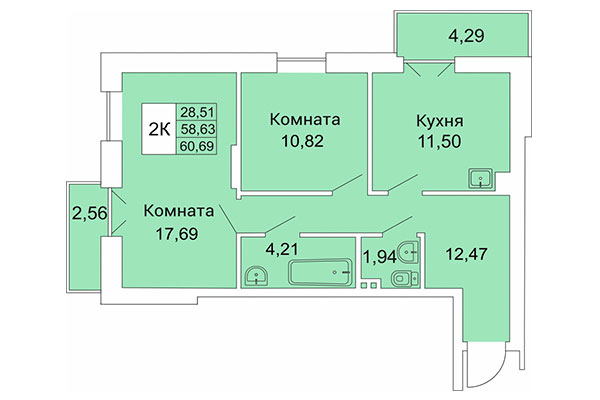 2-комнатная квартира 60,69 м&sup2; в Расцветай на Гоголя. Планировка