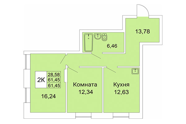 2-комнатная квартира 61,45 м&sup2; в Расцветай на Гоголя. Планировка