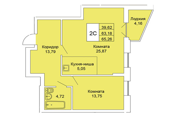 2-комнатная квартира 65,26 м&sup2; в Расцветай на Гоголя. Планировка