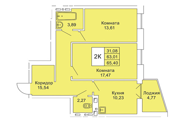 2-комнатная квартира 65,40 м&sup2; в Расцветай на Гоголя. Планировка