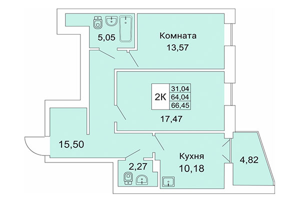 2-комнатная квартира 66,45 м&sup2; в Расцветай на Гоголя. Планировка