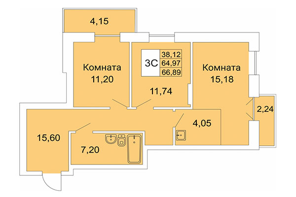 3-комнатная квартира 66,89 м&sup2; в Расцветай на Гоголя. Планировка