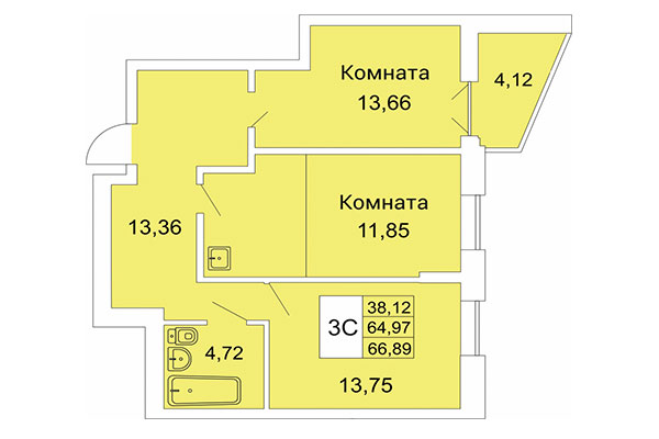 3-комнатная квартира 66,90 м&sup2; в Расцветай на Гоголя. Планировка