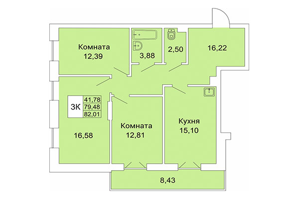 3-комнатная квартира 82,01 м&sup2; в Расцветай на Гоголя. Планировка