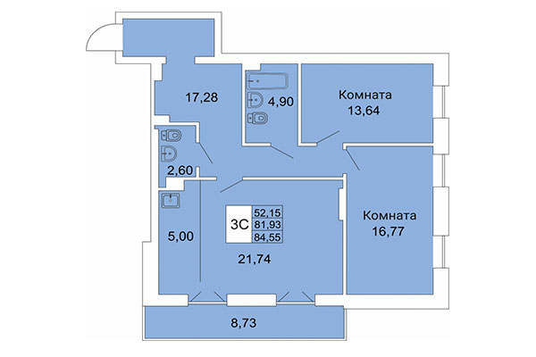 3-комнатная квартира 84,55 м&sup2; в Расцветай на Гоголя. Планировка