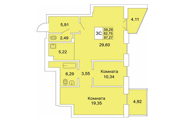 3-комнатная квартира 87,27 м&sup2; в Расцветай на Гоголя. Планировка