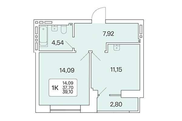 1-комнатная квартира 39,10 м&sup2; в Расцветай на Красном. Планировка