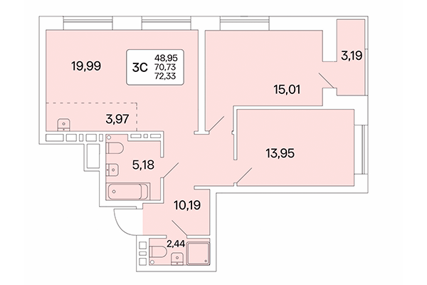 3-комнатная квартира 72,33 м&sup2; в Расцветай на Красном. Планировка