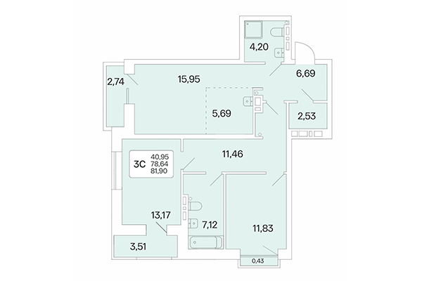3-комнатная квартира 81,90 м&sup2; в Расцветай на Красном. Планировка