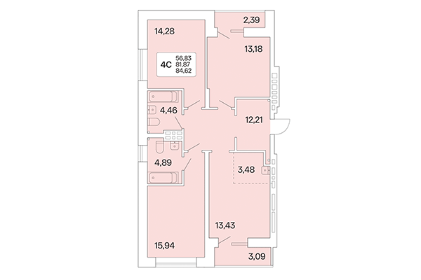 4-комнатная квартира 84,62 м&sup2; в Расцветай на Красном. Планировка