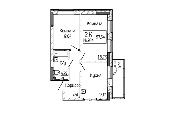 2-комнатная квартира 57,64 м&sup2; в Сакура Парк. Планировка