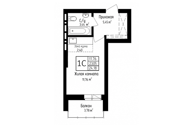 Студия 23,05 м&sup2; в ЖК Высота. Планировка