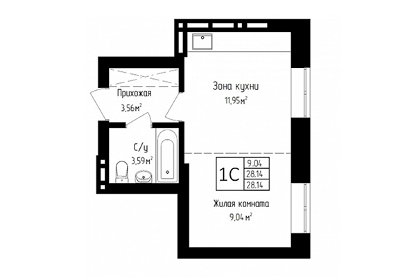 Студия 28,14 м&sup2; в ЖК Высота. Планировка