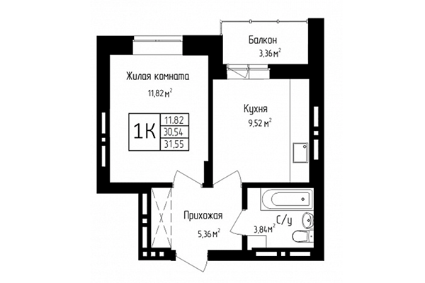 1-комнатная квартира 30,54 м&sup2; в ЖК Высота. Планировка