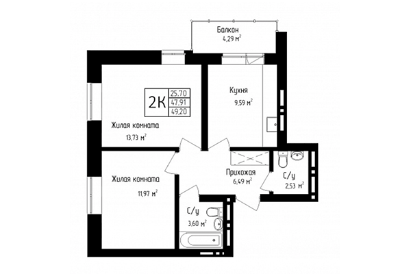 2-комнатная квартира 47,91 м&sup2; в ЖК Высота. Планировка